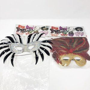 2 Feather Masks White Black Red Gold Sequin Beads Feathers
